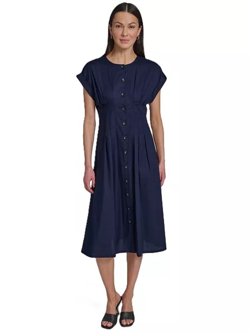 Calvin Klein Linen Blend Navy Button-Front Midi Dress